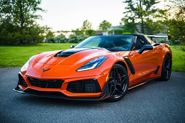 A parked orange car.