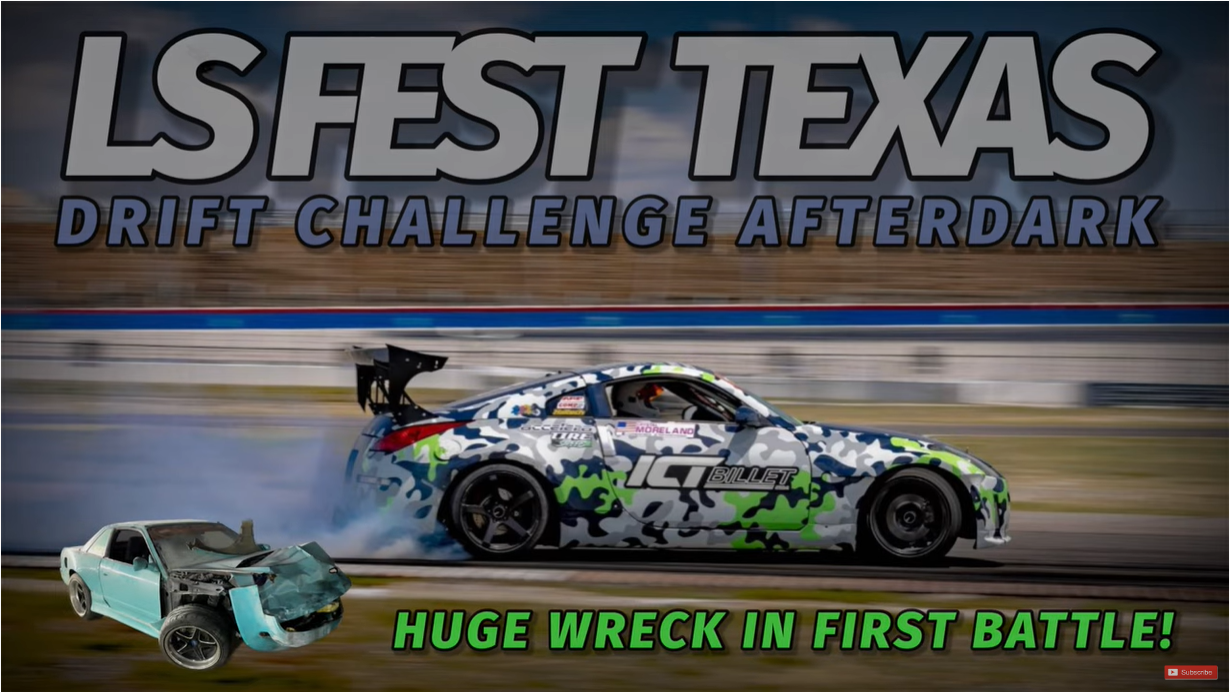 ICT Billet's Camoflauge 350Z drifts at LS Fest Texas' track. In front is a picture of the wrecked s13.